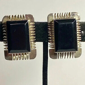 STERLING SILVER.925 MEXICAN HALLMARKED CLIP ON EARRINGS WITH ONYX